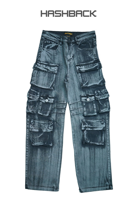 Daisy Acid Wash High Waisted Wide Leg Cargo Jeans