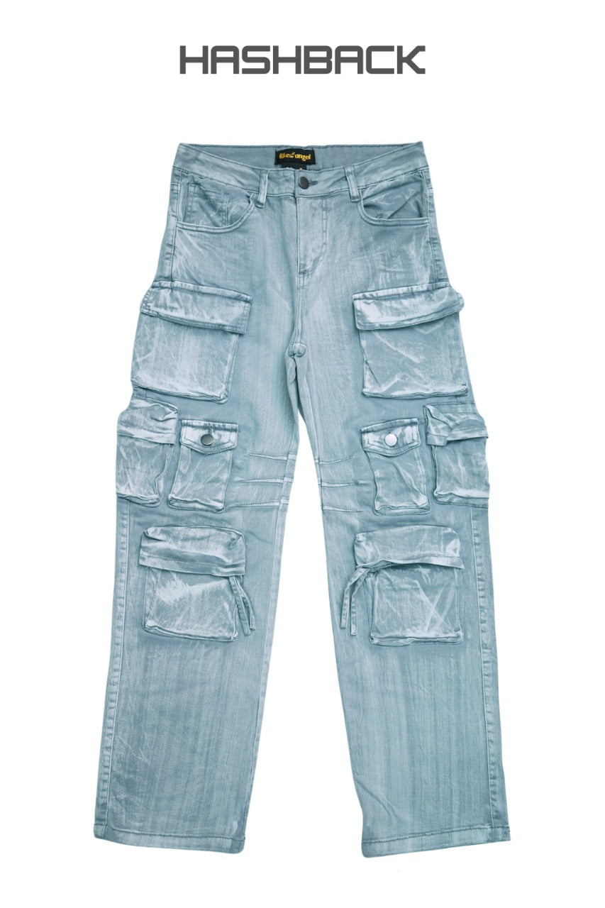 Daisy Acid Wash High Waisted Wide Leg Cargo Jeans