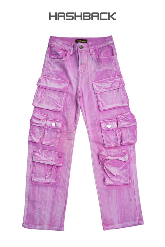 Daisy Acid Wash High Waisted Wide Leg Cargo Jeans