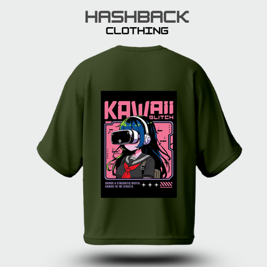 Hashback Aesthetic Graphic Drop Shoulder T-Shirt – Olive Green | Oversized Streetwear Tee for Men & Women