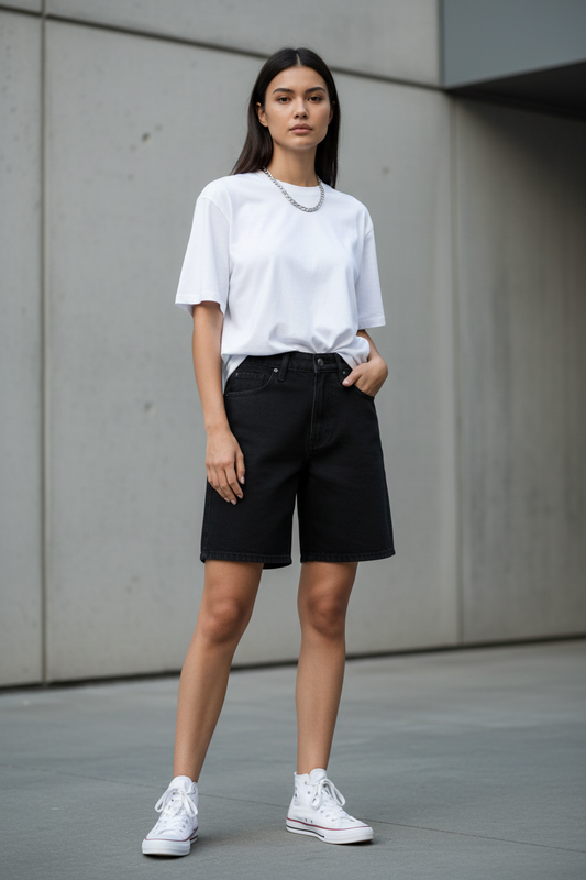 Black Denim Shorts Women Model