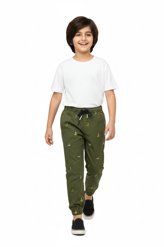 Boys Cotton Embroidered Joggers - Walking Pose