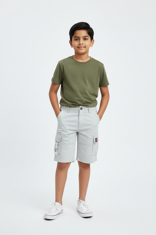 Boys Light Grey Cargo Shorts - Pakistani Boy Model