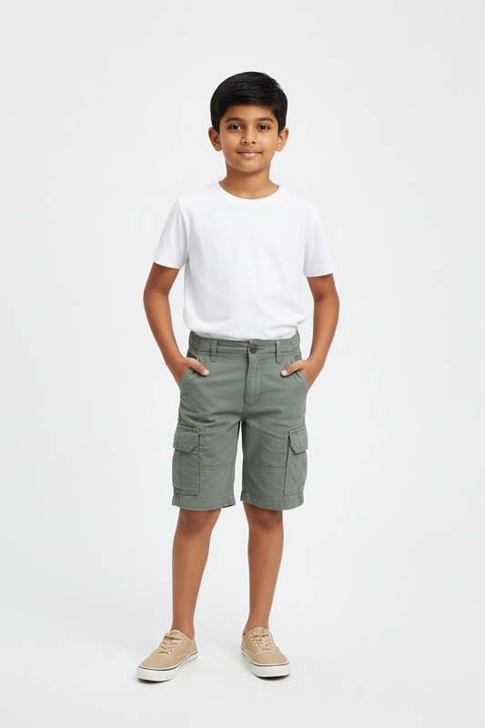 Boys Sage Olive Cargo Shorts - Pakistani Boy Model