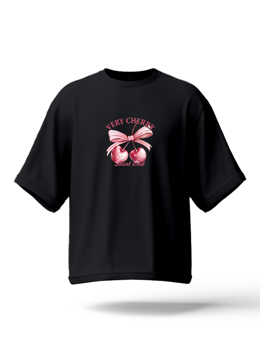 Hashback Cherry Drop Shoulder Tee (BLACK) Oversized Streetwear Tee for Women