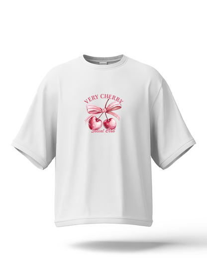 Hashback Cherry Drop Shoulder Tee – White | Oversized Streetwear Tee for Women