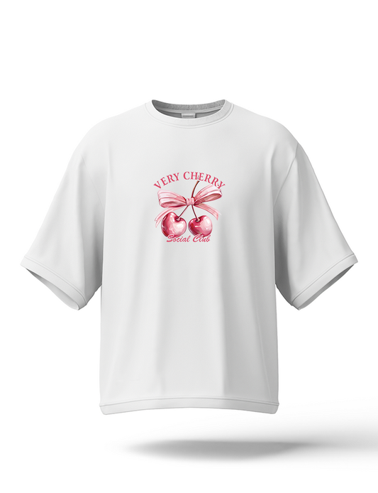 Hashback Cherry Drop Shoulder Tee – White | Oversized Streetwear Tee for Women