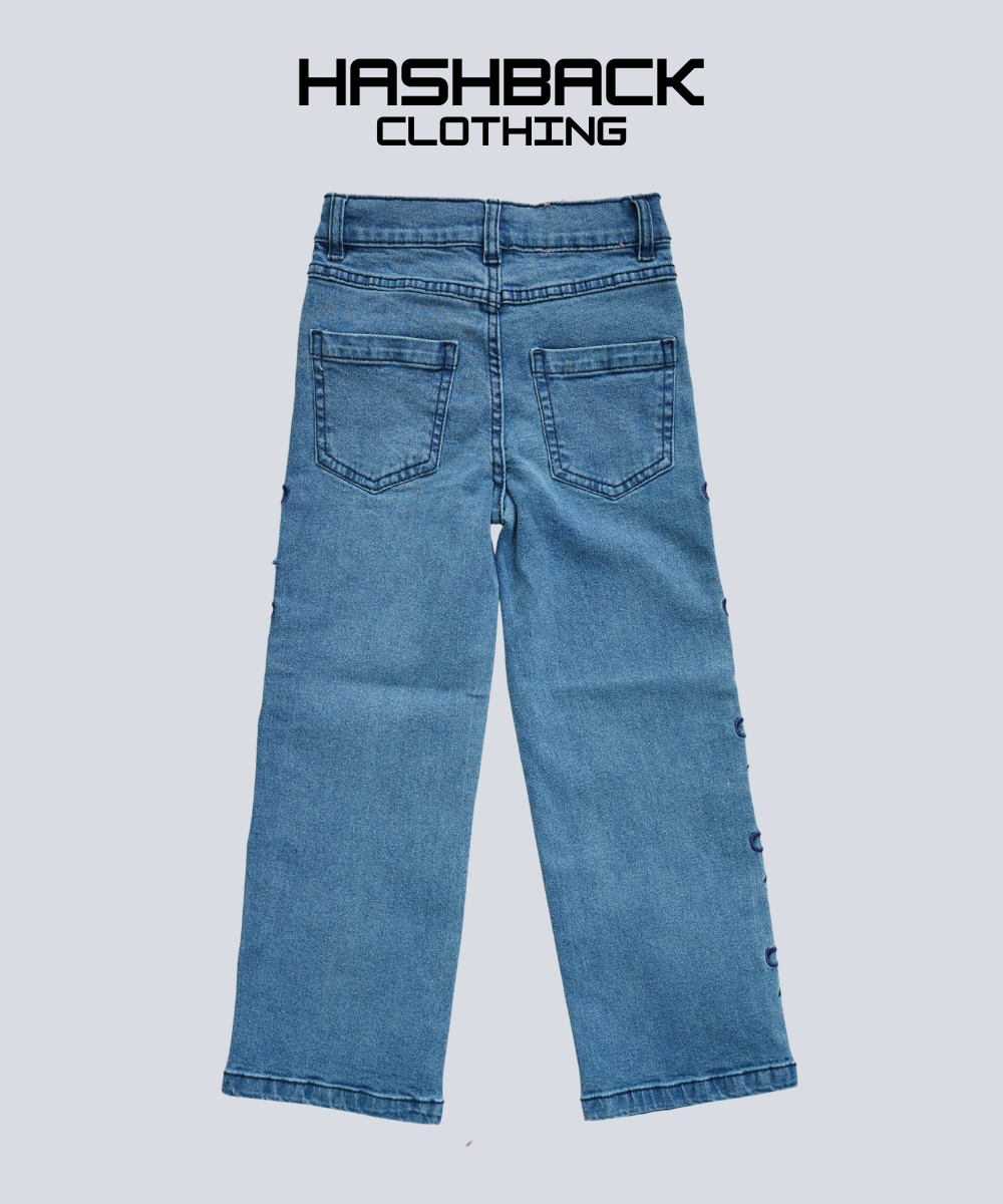 Girls Bow Embroidery Wide-Leg Denim Jeans - Back View
