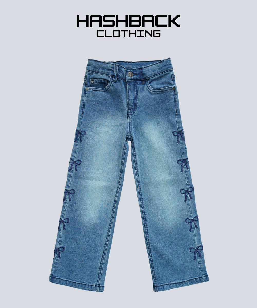 Girls Bow Embroidery Wide-Leg Denim Jeans - Front View
