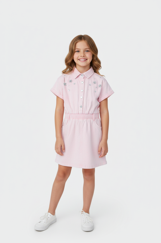 6-7 year old girl wearing pink embellished shirt dress