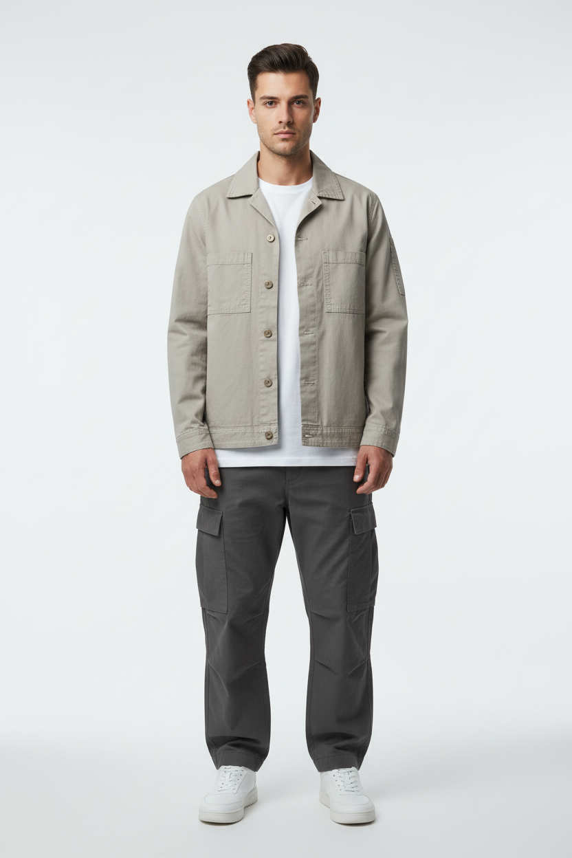 Male model wearing Men's Stone Utility Jacket in Medium size