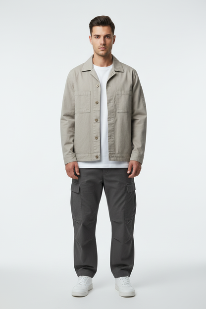 Male model wearing Men's Stone Utility Jacket in Medium size