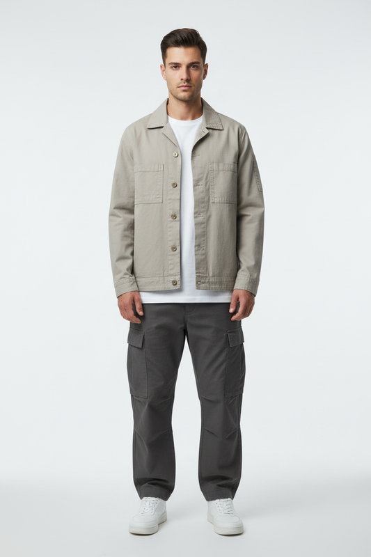 Male model wearing Men's Stone Utility Jacket in Medium size
