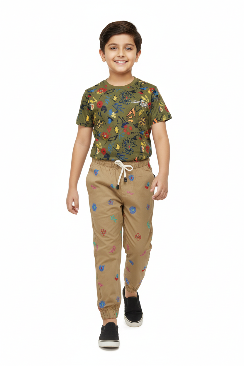 Khaki Floral Joggers - Olive Tee