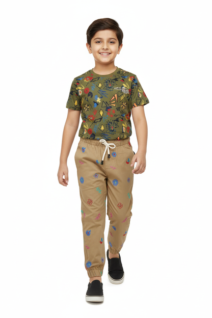 Khaki Floral Joggers - Olive Tee