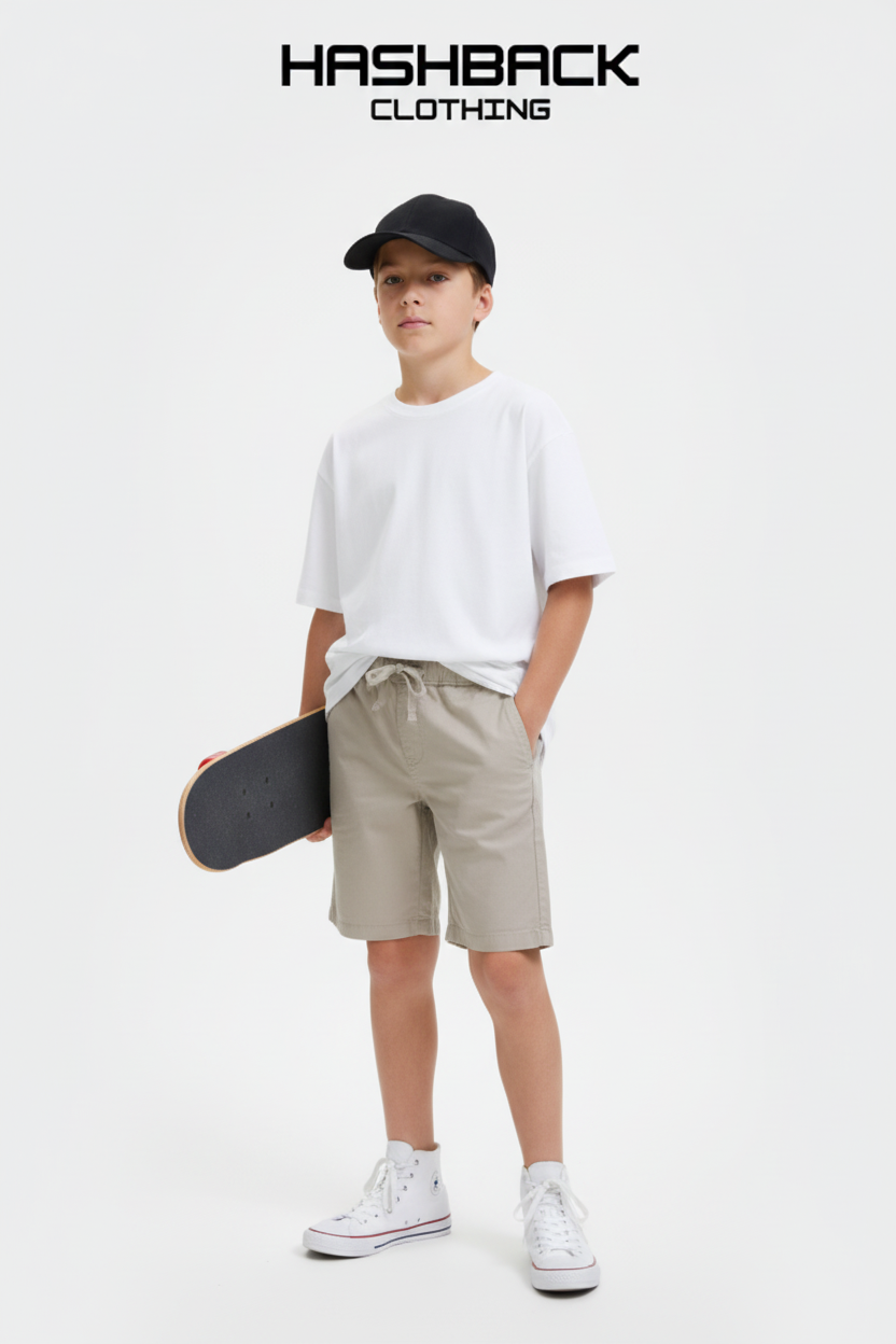 Kids model wearing beige shorts