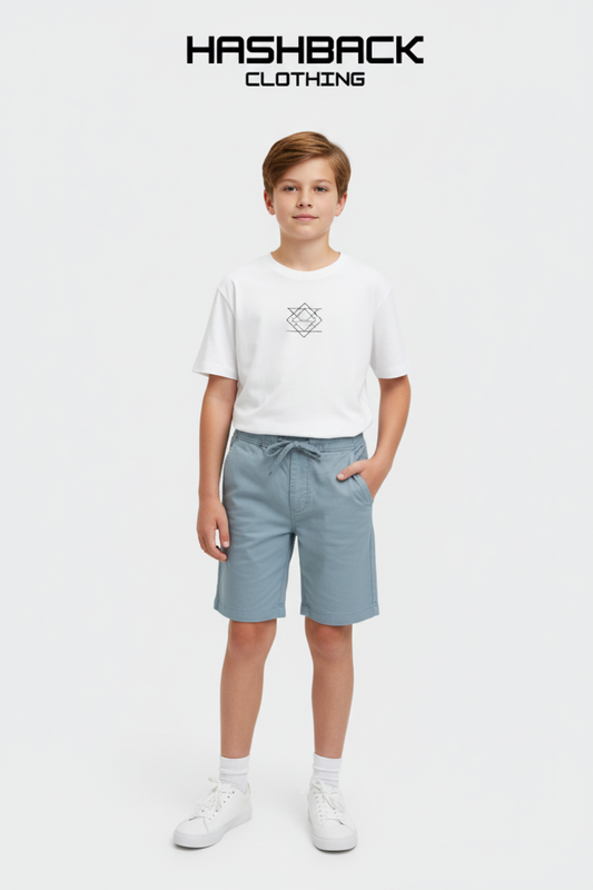 Kids model wearing light blue shorts