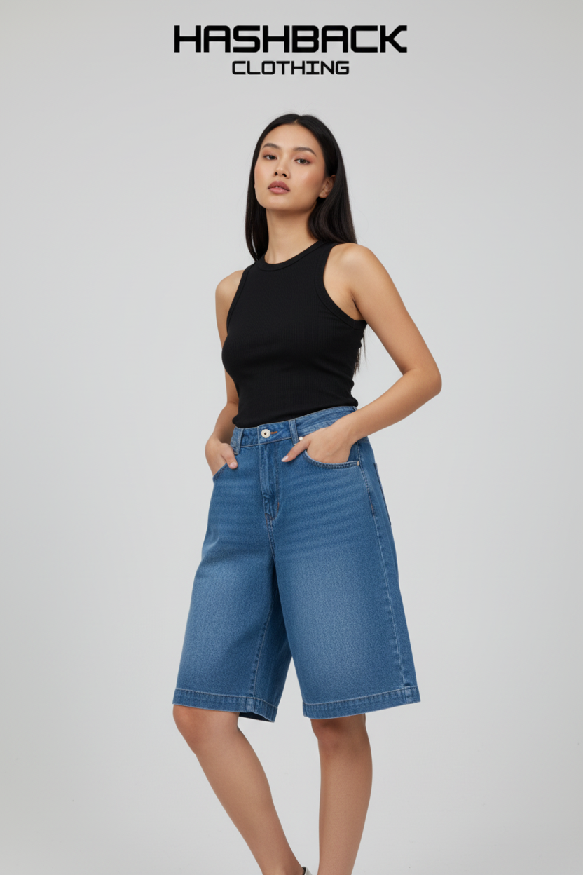 Model wearing medium-blue wide-leg denim shorts - Editorial shot