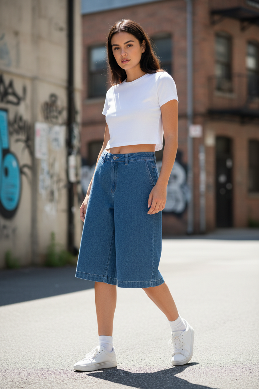 Model wearing medium-blue wide-leg denim shorts - Lifestyle shot