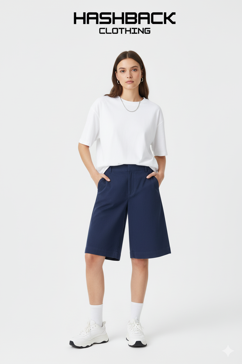 Model wearing navy blue cotton baggy shorts