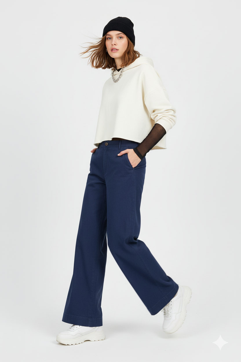 Navy pants walking pose