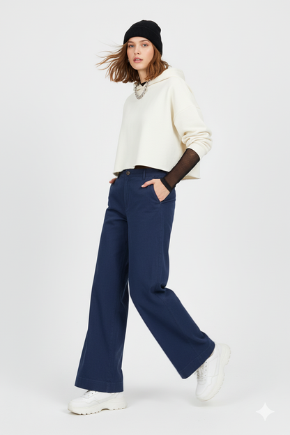 Navy pants walking pose