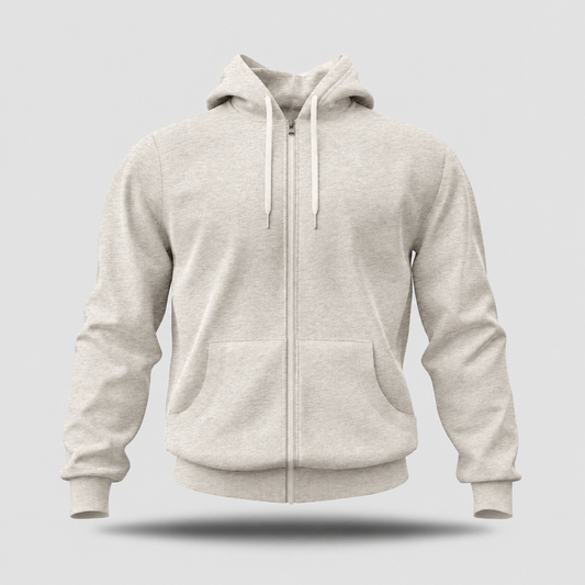 A light heather gray zip-up hoodie with white drawstrings, displayed on a neutral light gray background with a soft drop shadow.