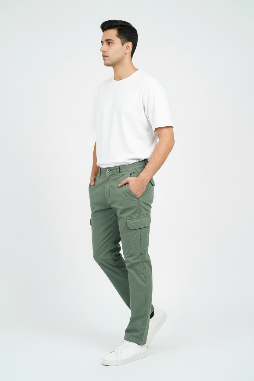 Olive Cargo with White Tee