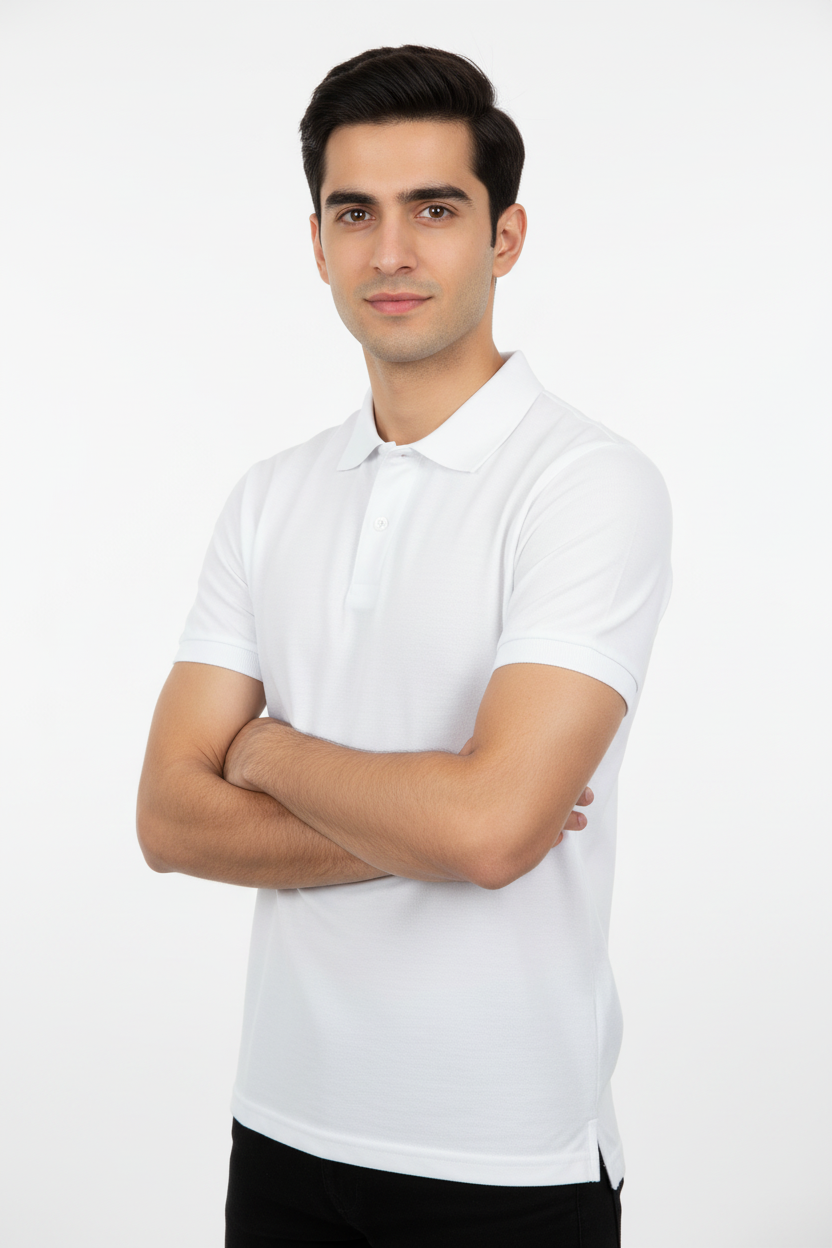 Pakistani male model in plain white polo - no logo