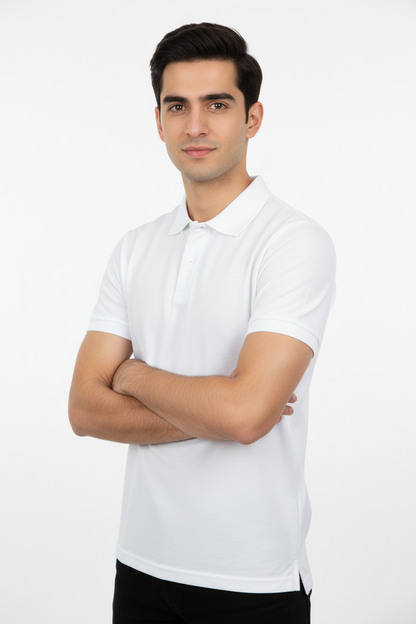 Pakistani male model in plain white polo - no logo