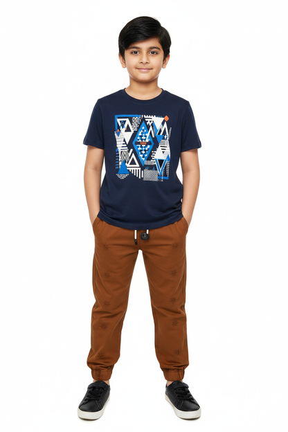 Rust Brown Joggers - Navy Tee