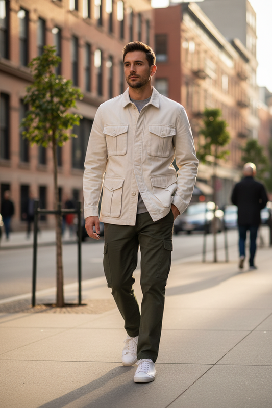 White Utility Cargo Jacket - Premium 4 Pocket Field Jacket for Men | Cotton Streetwear